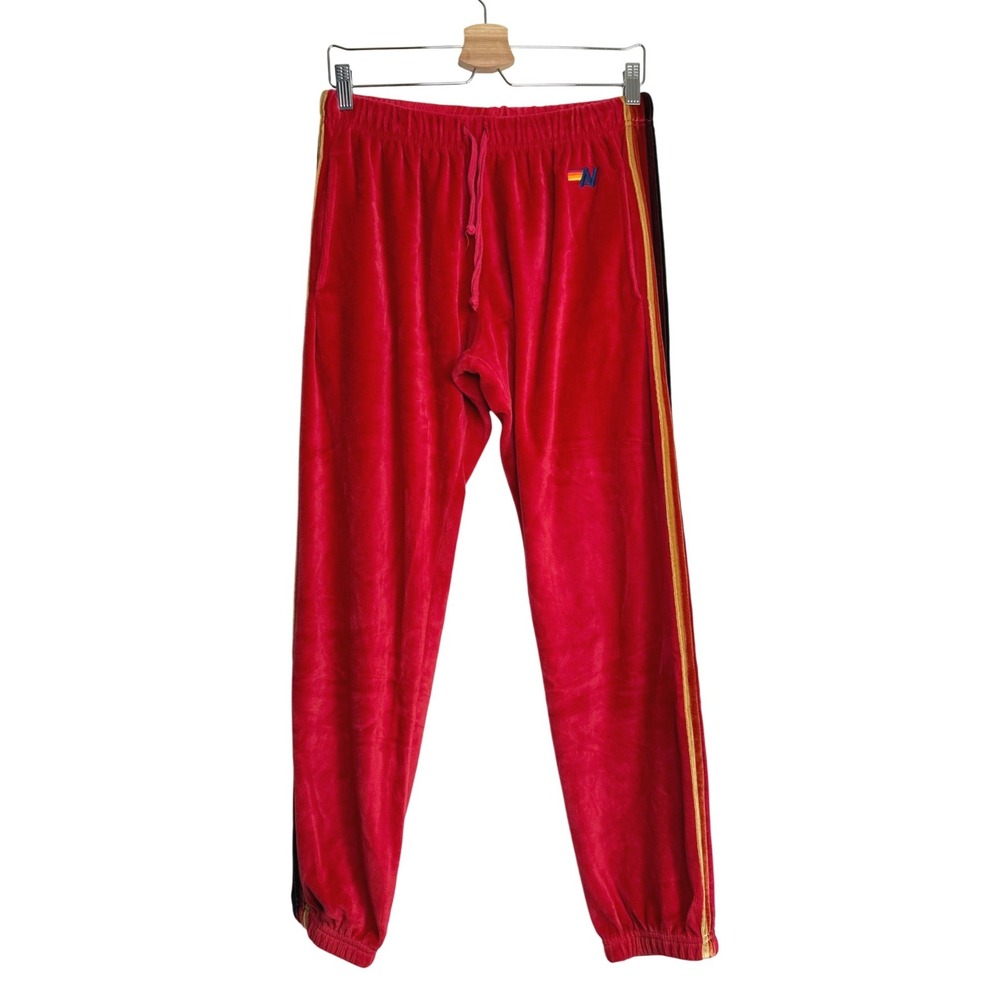 Aviator Nation Classic Velvet Sweatpants Women Size M Red Rainbow Stripe Joggers